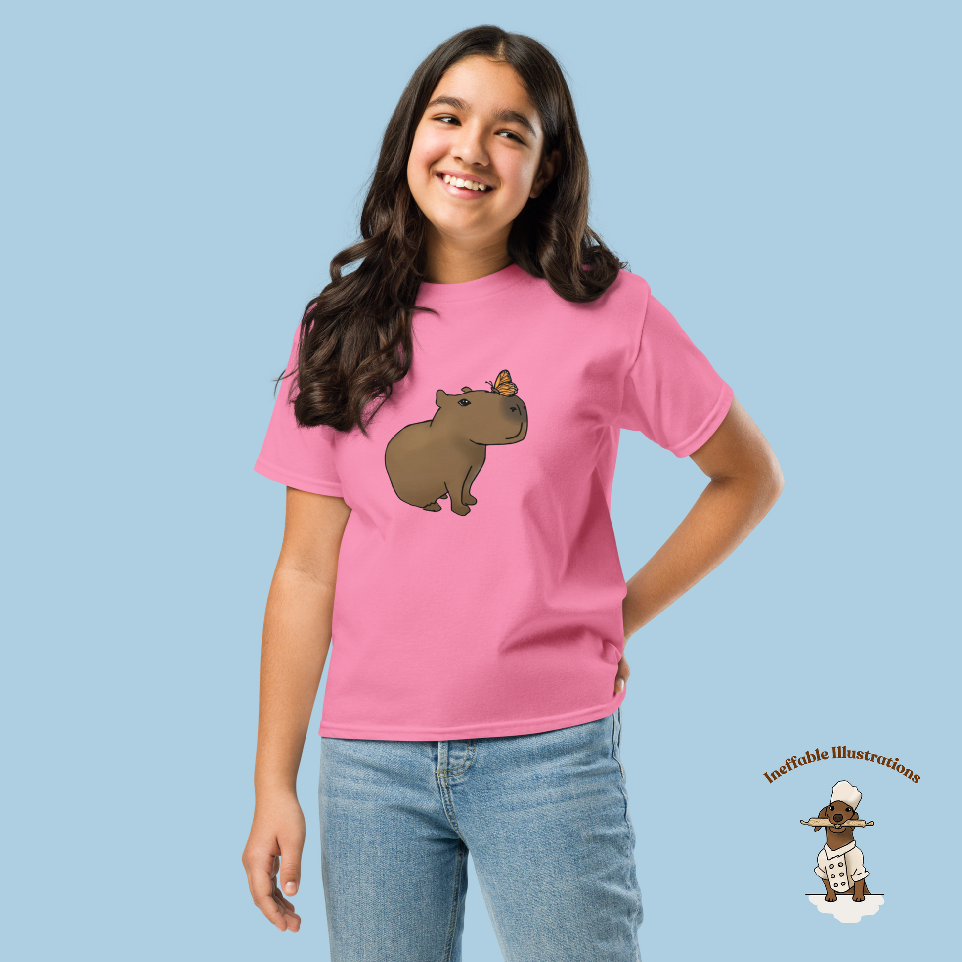 Youth Classic Tee with Hand Drawn Cute Capybara Jolly with Butterfly Shirt Kids Animal Graphic Top - Ineffable Illustrations