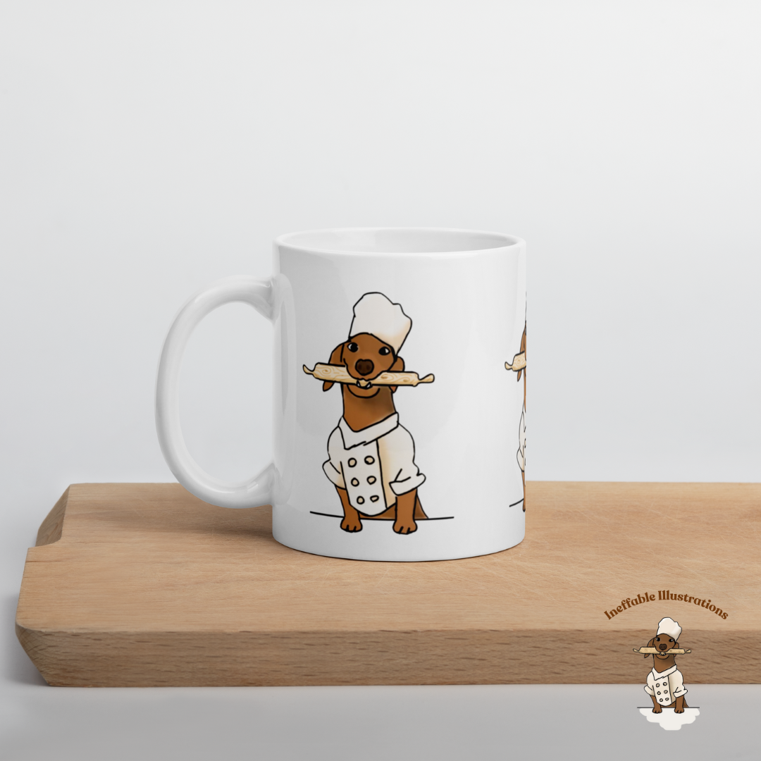 Mug "Oliver cooking". Sausage Dog Chef Mug, Cute White Glossy Coffee Cup, Adorable Dachshund Gift, Dog Lover's Kitchen Decor & Accessories