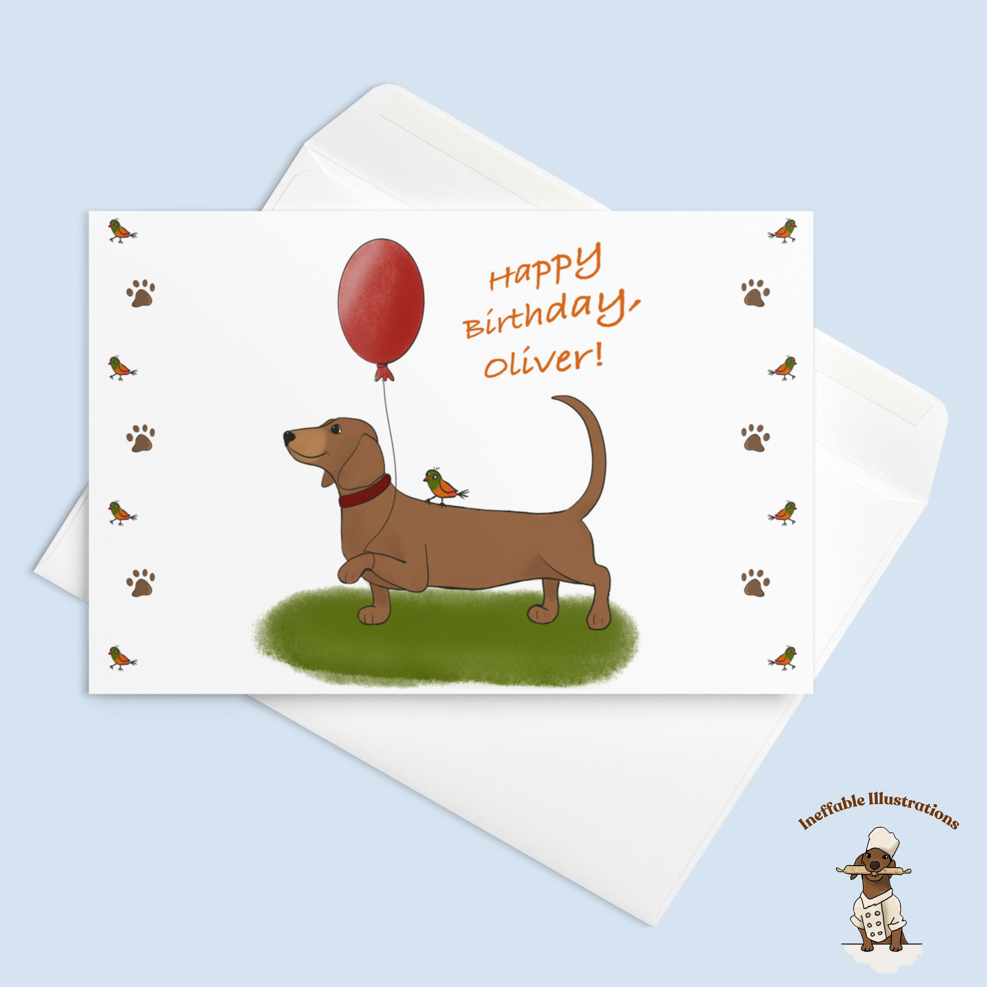Personalized Birthday Card Dachshund Oliver with Balloon & Cute Bird, Custom Dog Greeting Card for Kids and Adults - Ineffable Illustrations