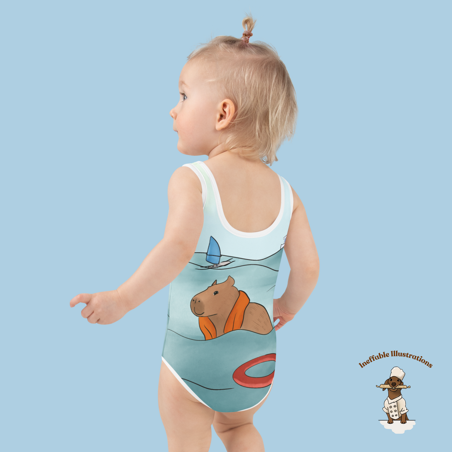 Kids Swimsuit with Cute Hand Drawn Capybara Jolly Enjoying Summer In The Sea Design, Toddler Bathing Suit, Beachwear for Girls