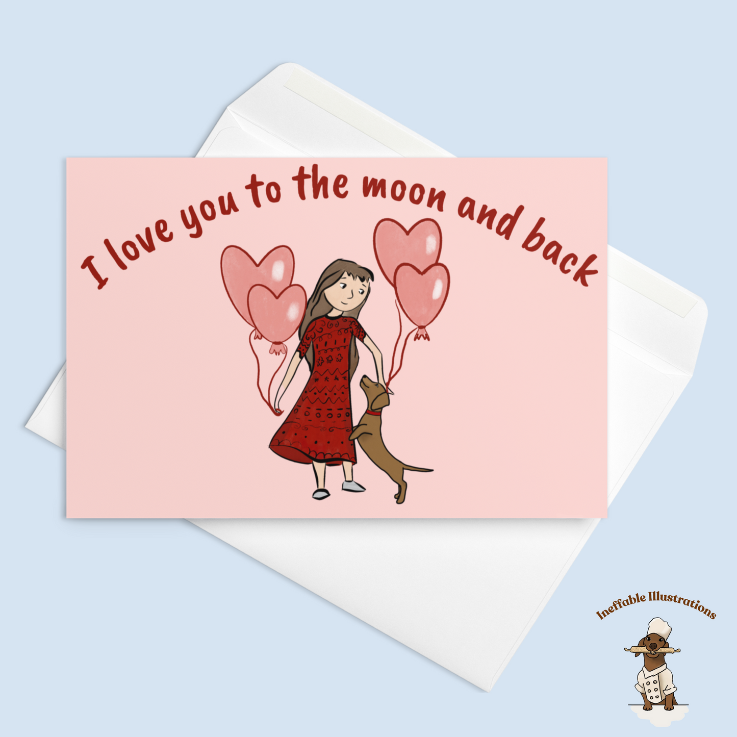 St. Valentin Greeting Card with Cute Dachshund & Girl - I Love You to the Moon and Back, Dog Lover Gift