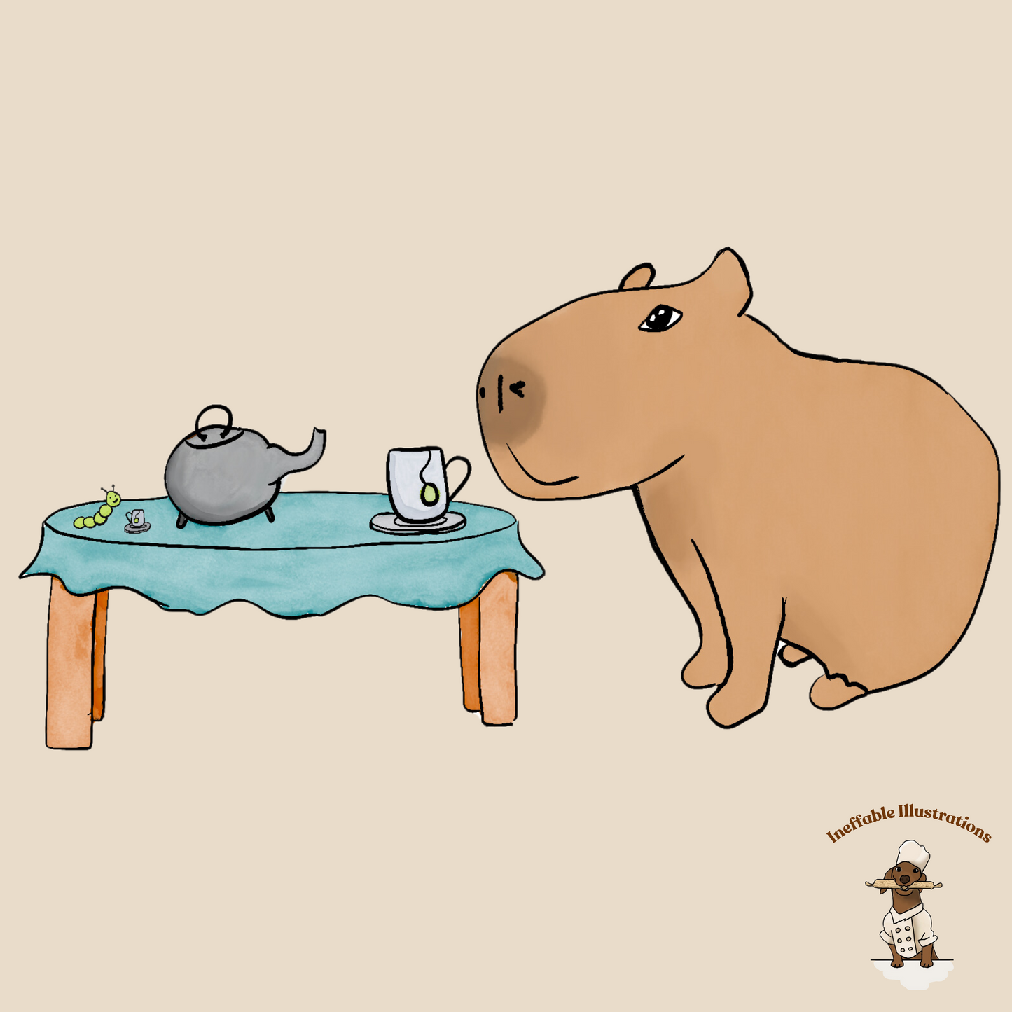 Organic Cotton Apron with Cute Capybara Drinking Tea with Caterpillar - Hand Drawn Illustration, Eco-Friendly Kitchen Accessory