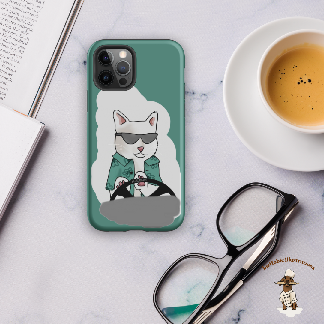 IPhone case. Durable Dual-Layer iPhone Case Featuring Ralph the Cat in a Luxurious Car - Fun & Functional!