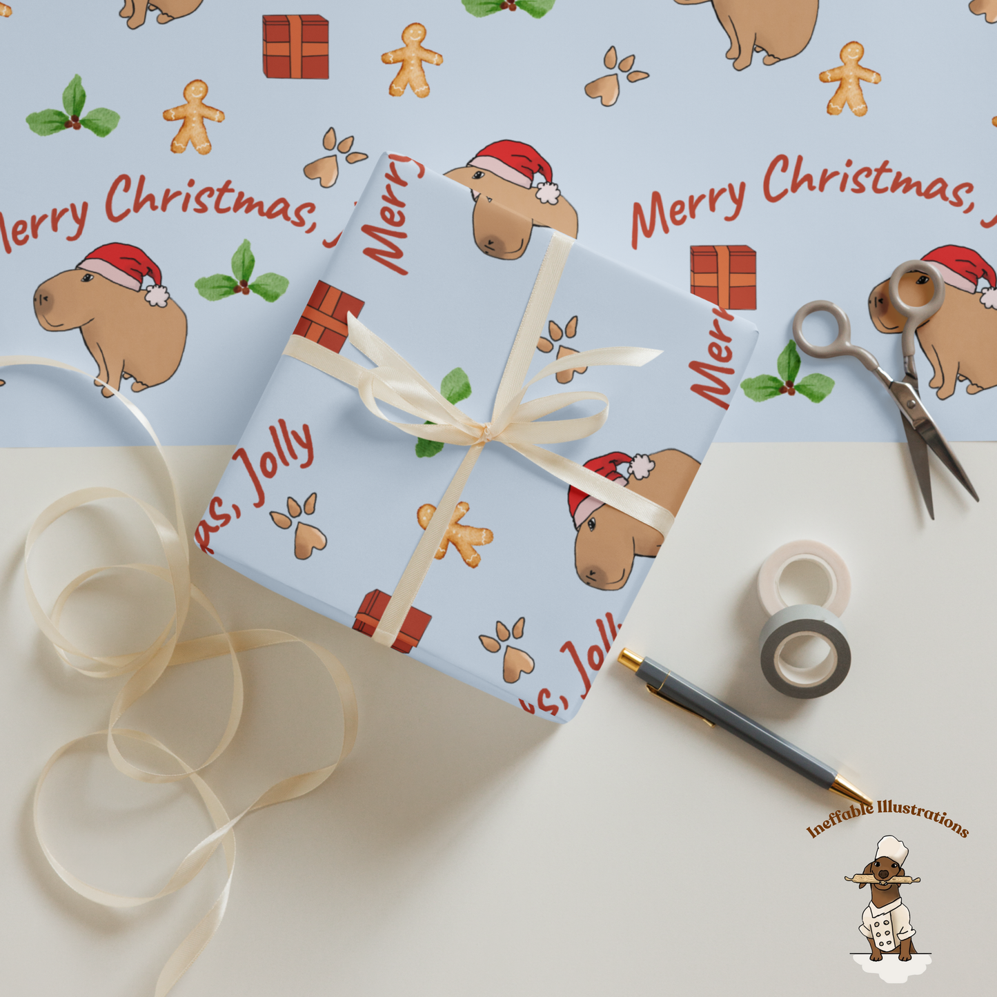 Personalized Capybara Christmas Wrapping Paper - Custom Name Gift Wrap with Jolly - Festive Holiday Gift Wrap Sheets