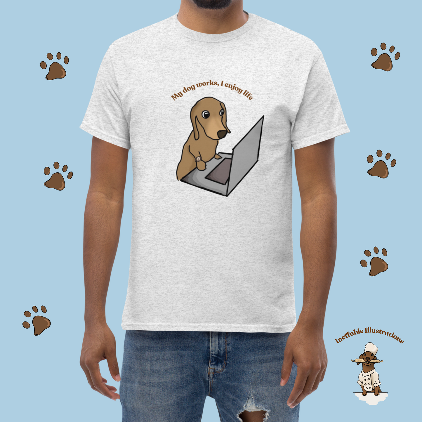 Shirt "Oliver works, I enjoy life". Funny Dog Illustration Tee | Hand-drawn Design | Trendy 100% Cotton Shirt