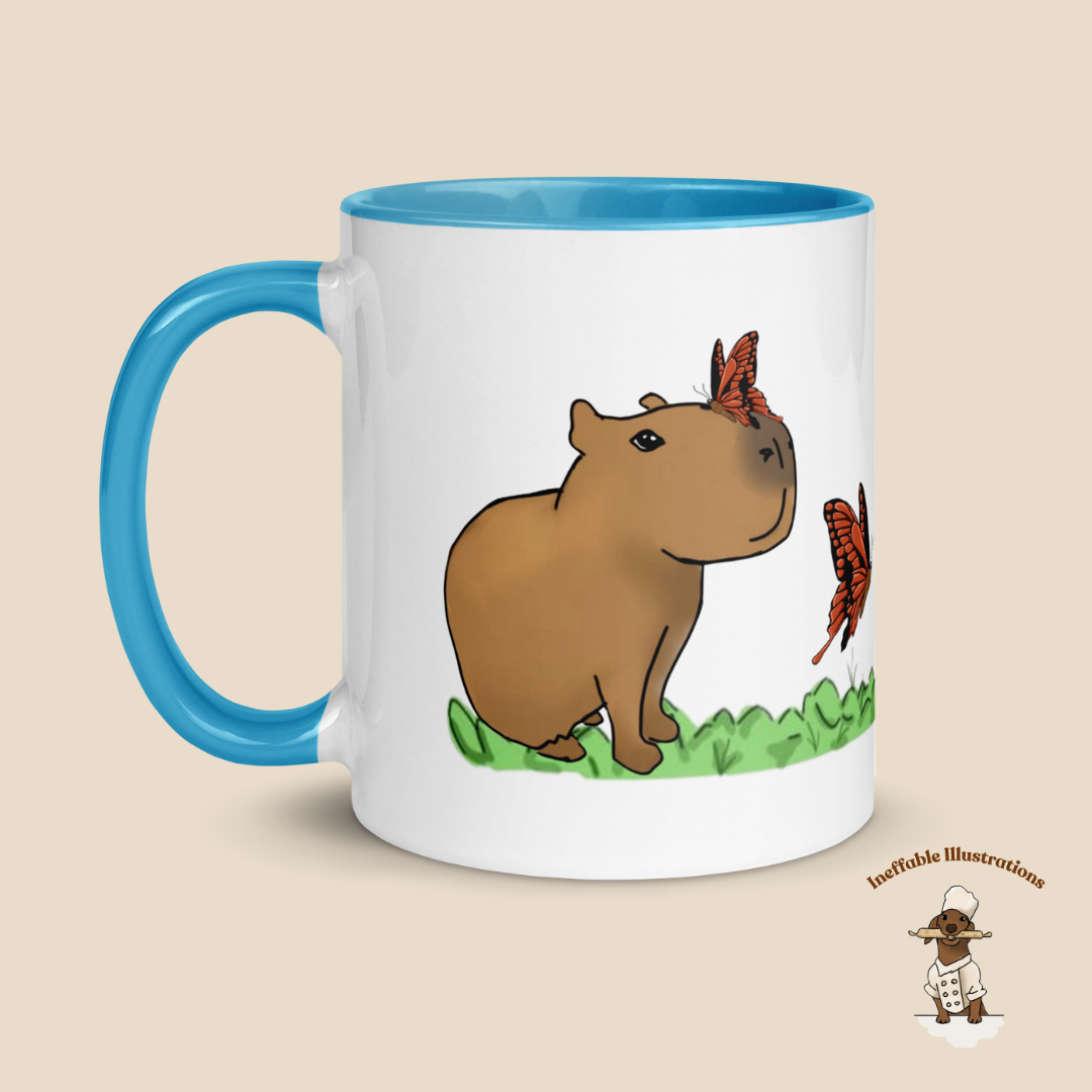 Mug "Jolly playing with butterflies". Hand-drawn Capybaras and Butterflies Ceramic Mug - Colorful and Charming!