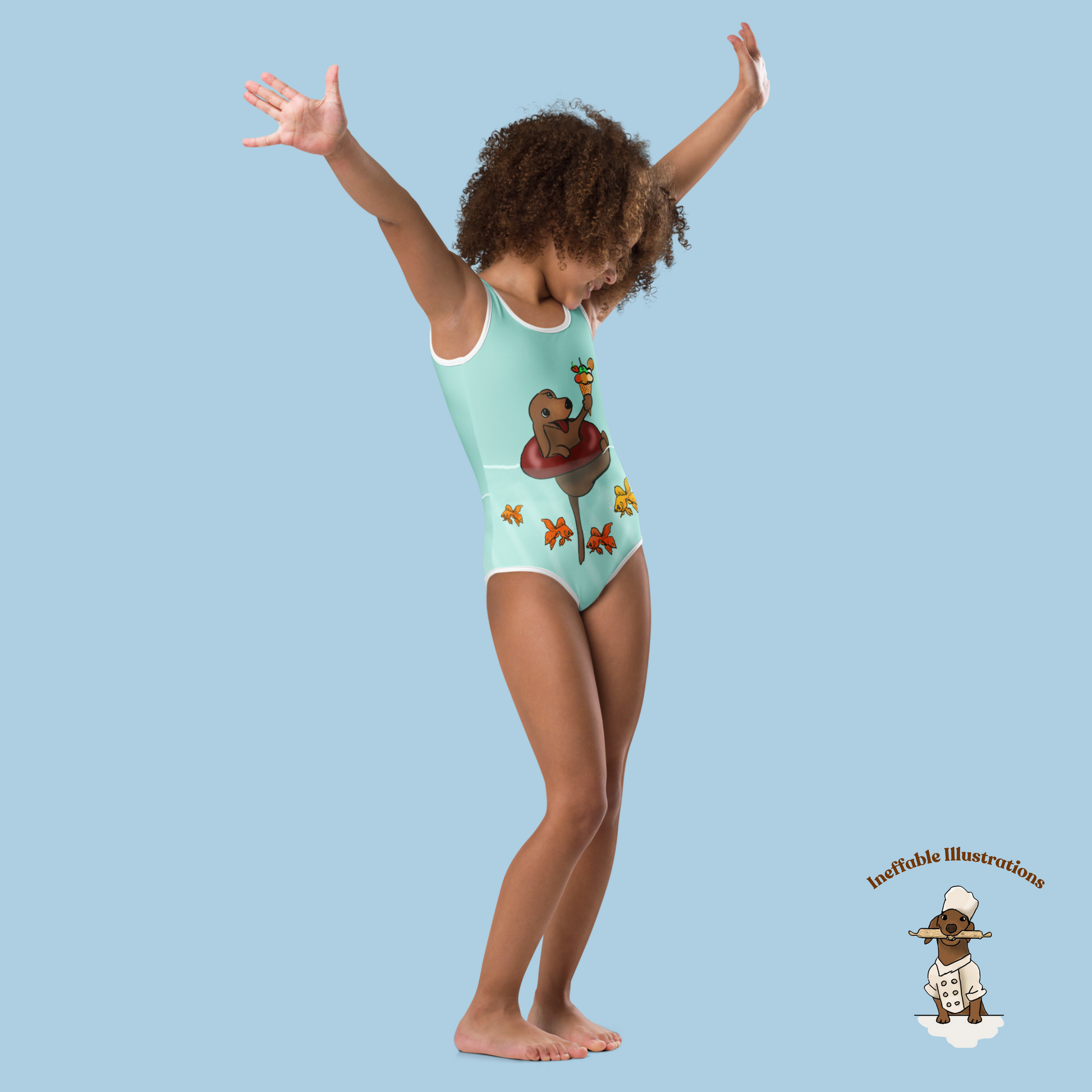 Kids Swimsuit Cute Dachshund Oliver Floating in Sea with Ice Cream & Small Fishes Underwater Beachwear - Ineffable Illustrations