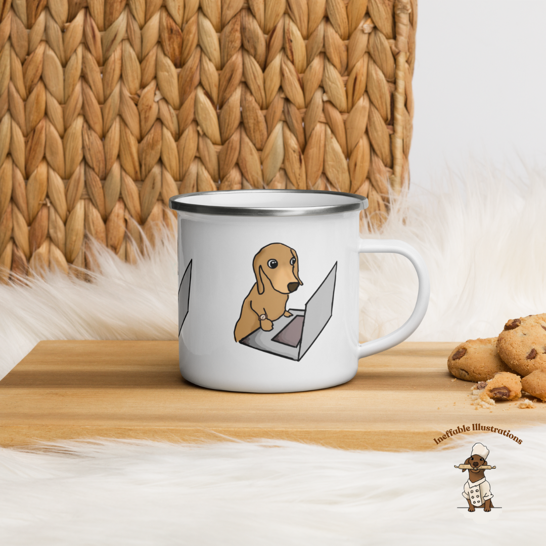 Mug. Enamal Mug "Oliver working on Computer". Cute sausage dog Enamel Mug. Dachshund lover gift