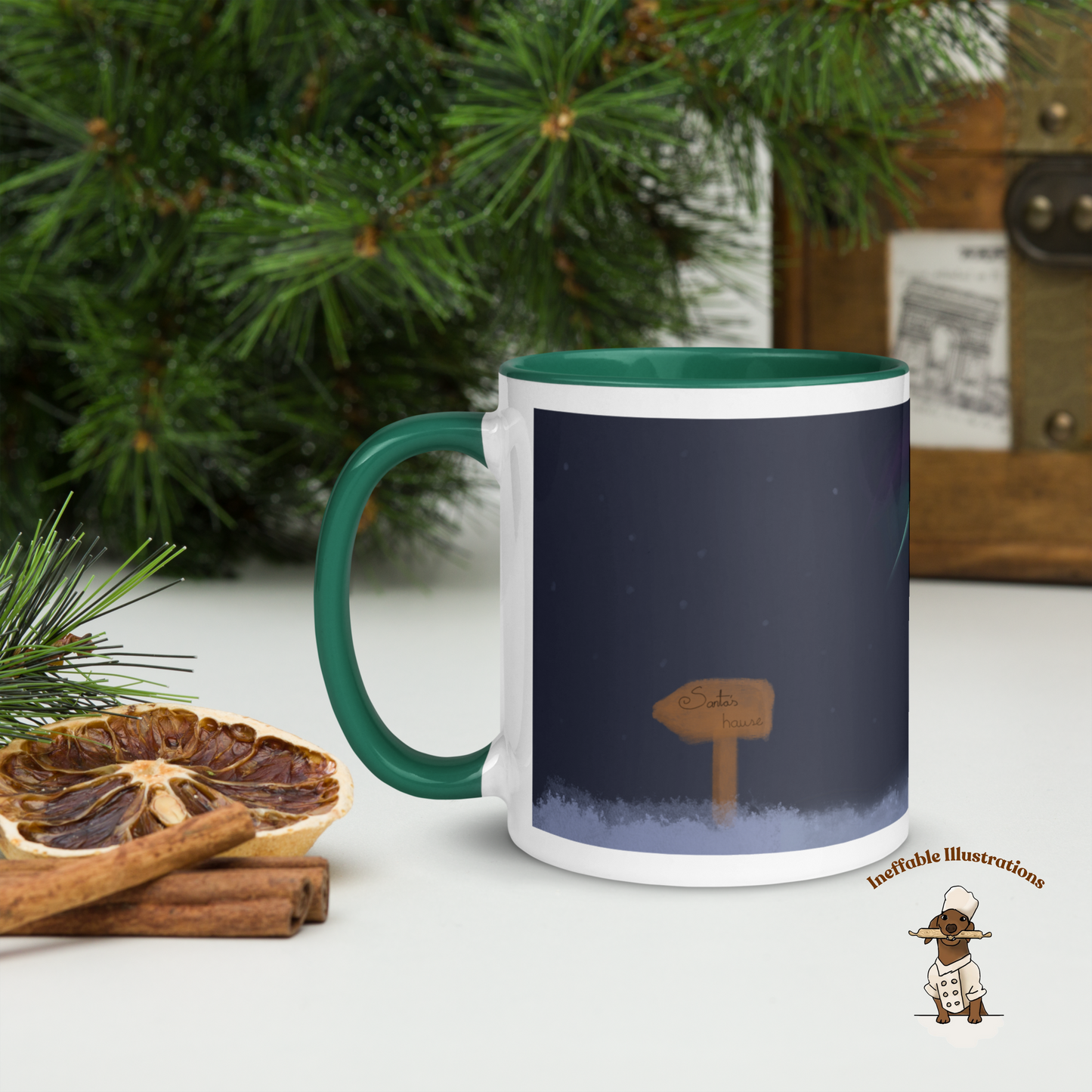 Christmas Mug. Magic Christmas Mug with Little Girl Molly & dachshund Oliver Watching Northern Lights | Cozy Holiday Gift, Colored Inside. Drawn by hand