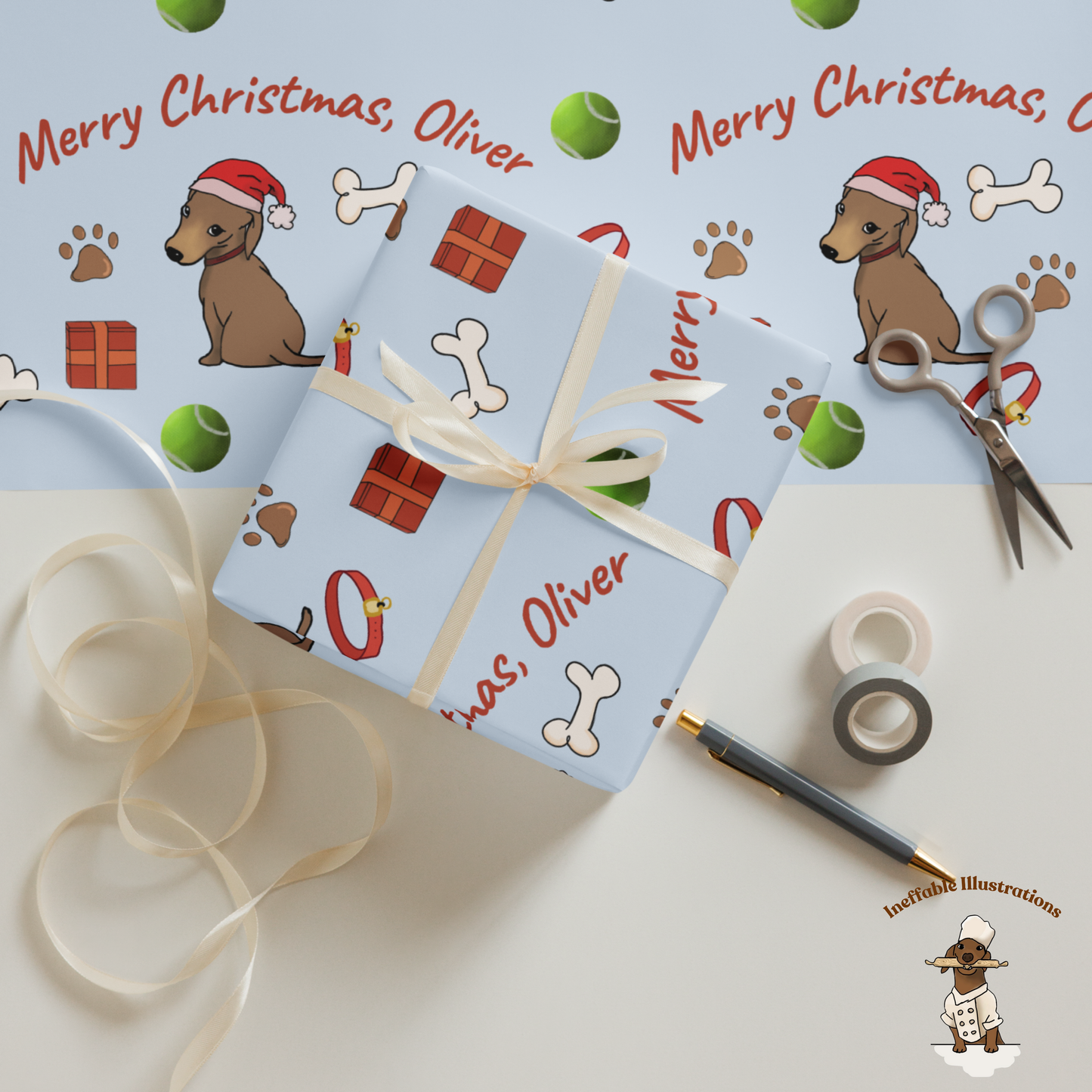 Personalized Dachshund Christmas Wrapping Paper - Custom Name Gift Wrap with Oliver - Festive Holiday Gift Wrap Sheets
