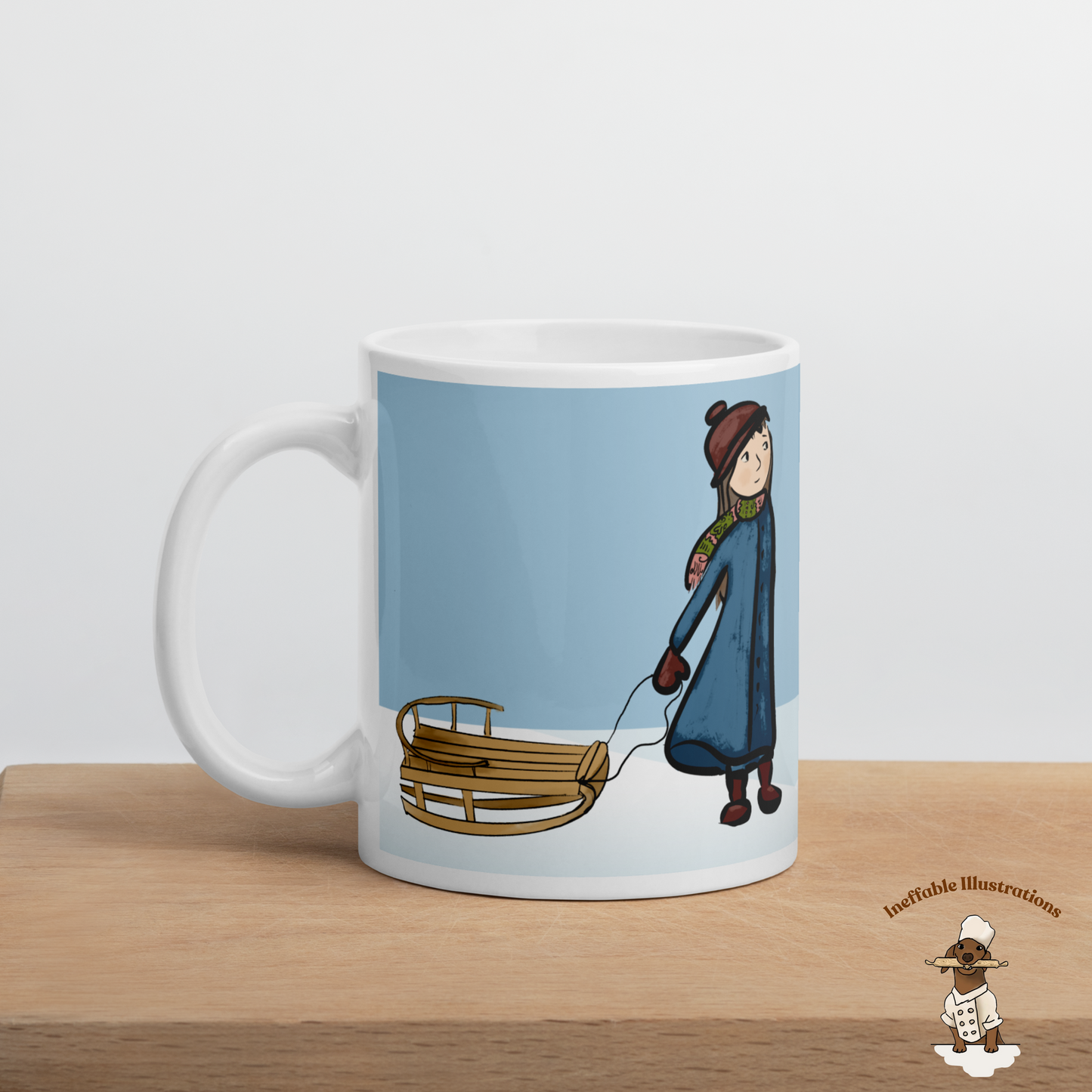 White Glossy Mug with Cute Little Girl Molly & Sleigh on Snow – Hand Drawn Winter Coffee Mup Gift