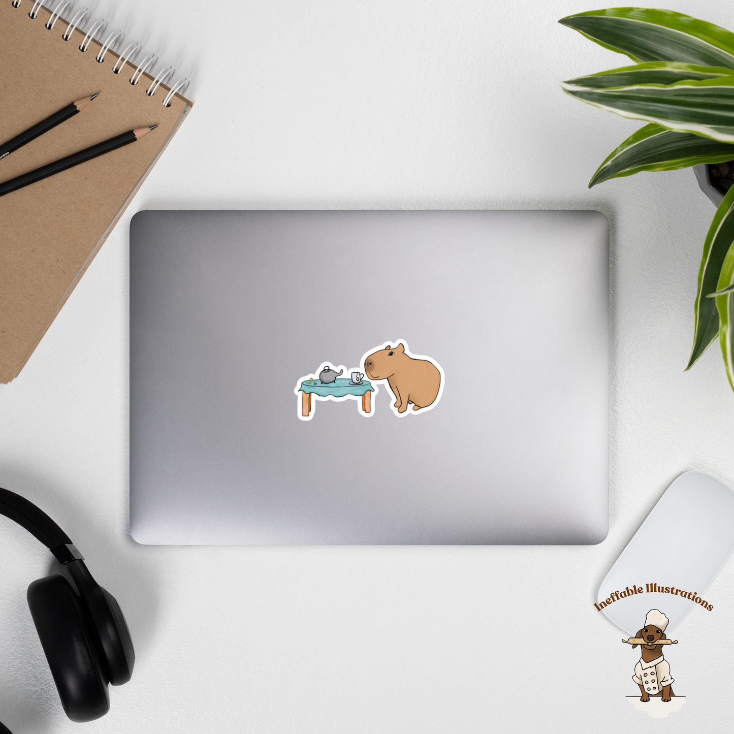 Bubble Free Sticker: Capybara  Drinking Tea with Caterpillar, Cute Animal Decals for Laptops & Journals
