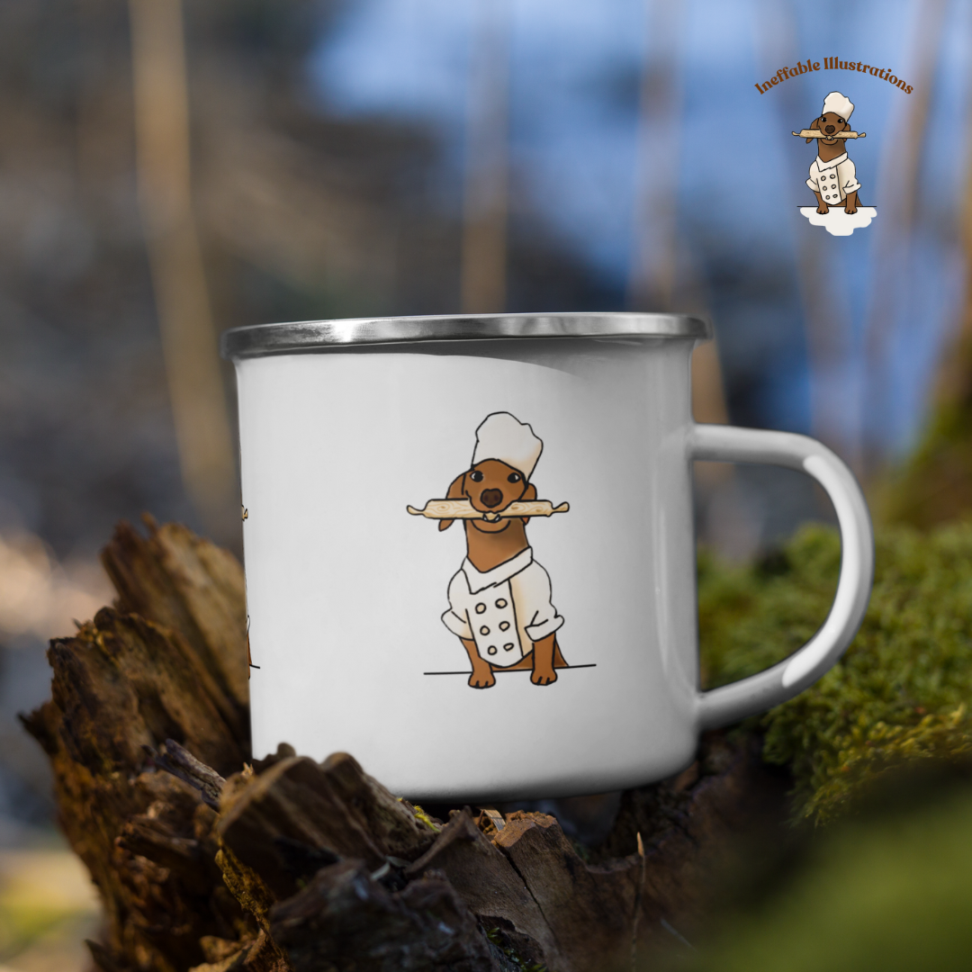 Mug. Enamel Mug "Oliver cooking". Cute Sausage Dog Chef Mug for Cooking & Coffee Lovers, Unique Gift for Dog Owners