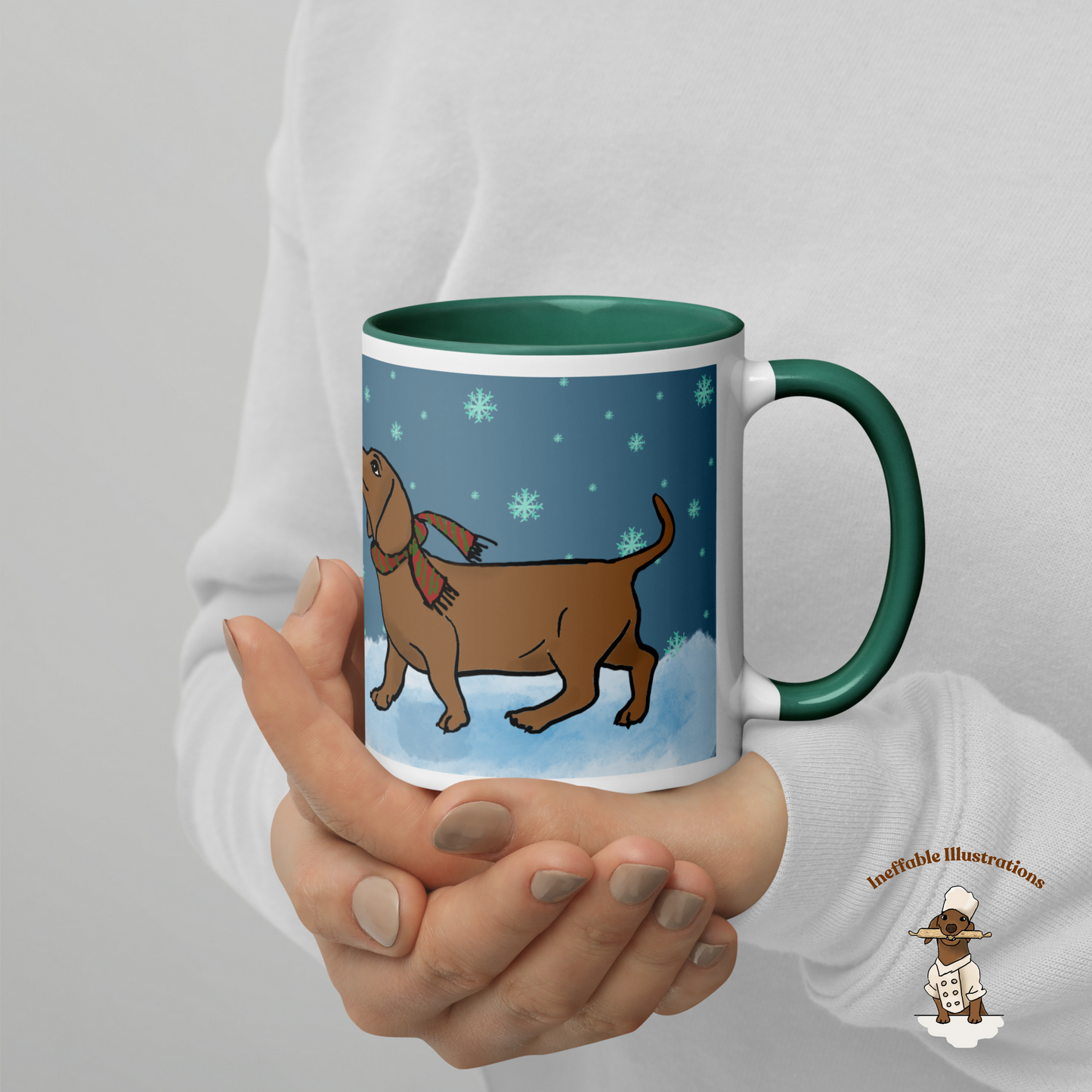 Christmas Mug. Dachshund Mug with Color Inside, dachshund Oliver Enjoying Winter Snow Design, Cute Dog Lover Gift, Cozy Hot Beverage Cup, Drawn by Hand