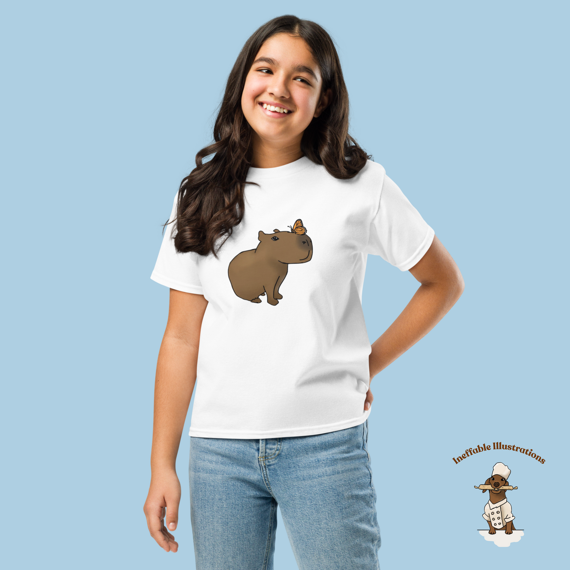 Youth Classic Tee with Hand Drawn Cute Capybara Jolly with Butterfly Shirt Kids Animal Graphic Top - Ineffable Illustrations