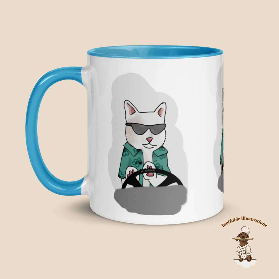 Mug "Ralph driving his luxury car Miaurrari". Cat Driving Car Mug | Funny Illustrated Coffee Cup with Color Inside | Hand-Drawn Design for Cat Lovers | Unique Gift Idea