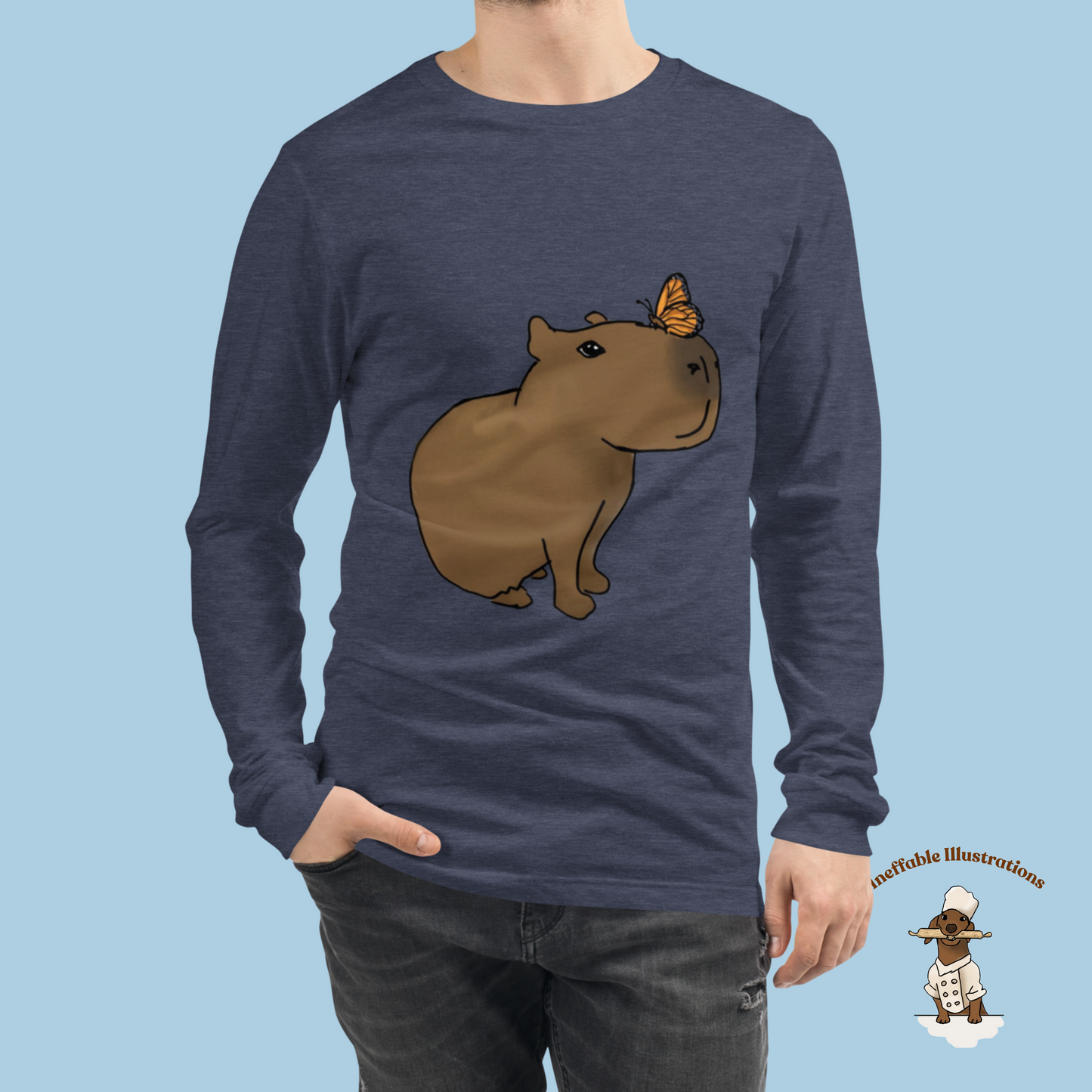 Shirt. Unisex Long Sleeve Shirt with cute Capybara Jolly with butterfly illustration, drawn by hand. Capybara shirt