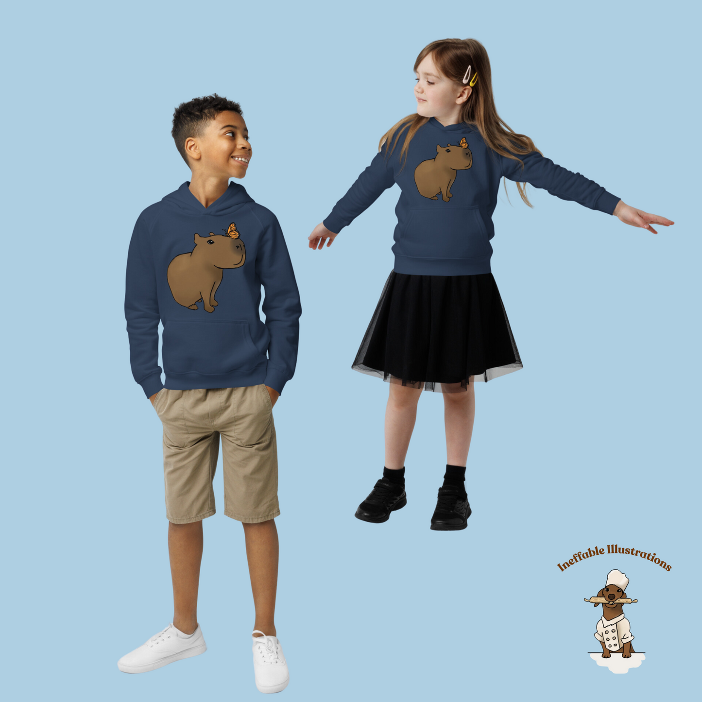 Kids Eco Hoodie with Capybara Jolly and Butterfly Design Drawn by Hand | Comfortable Organic Cotton Sweatshirt for Boys and Girls