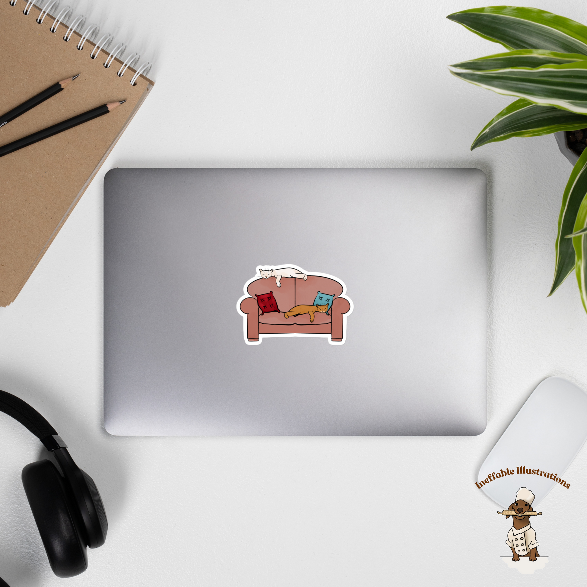 Cat Stickers: White & Ginger Cats (Ralph and Ginger) sleeping on Sofa, Lazy Life Decals for Laptops, Water Bottles and Journals - Ineffable Illustrations