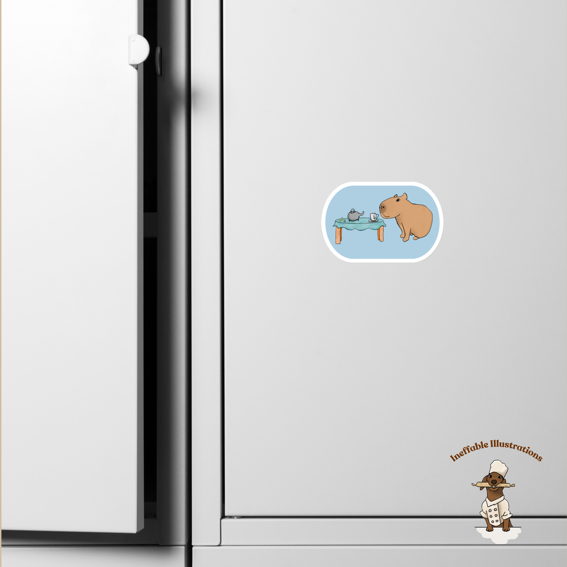 Magnet: Cute Capybara Jolly Drinking Tea with Caterpillar – Whimsical Animal Fridge Decoration Gift - Ineffable Illustrations