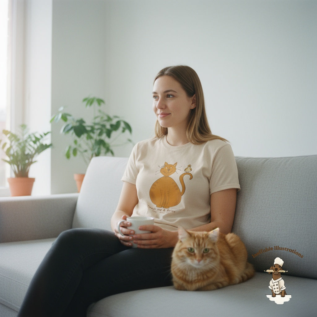 Funny Ginger Cat T-Shirt – Hand-Drawn Anti-Stress Cat with Relaxed Bird & “Touch Me & Relax” | Unisex 100% Cotton Classic Tee, Trendy Streetwear