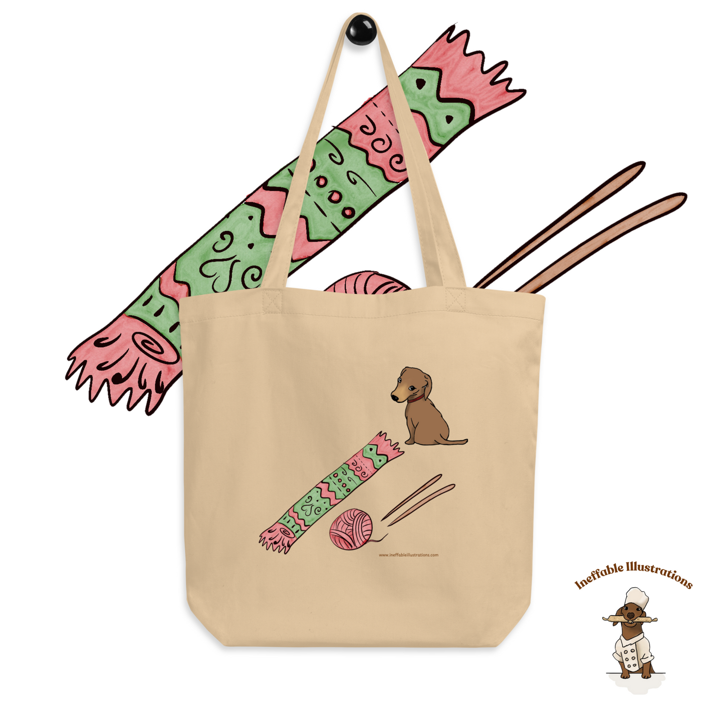 Eco Tote Bag with Cute Dachshund Oliver, Yarn, Knitting Needles and Knitted Scarf, Perfect for Dog Lovers & Crafters, Reusable Shopping Tote