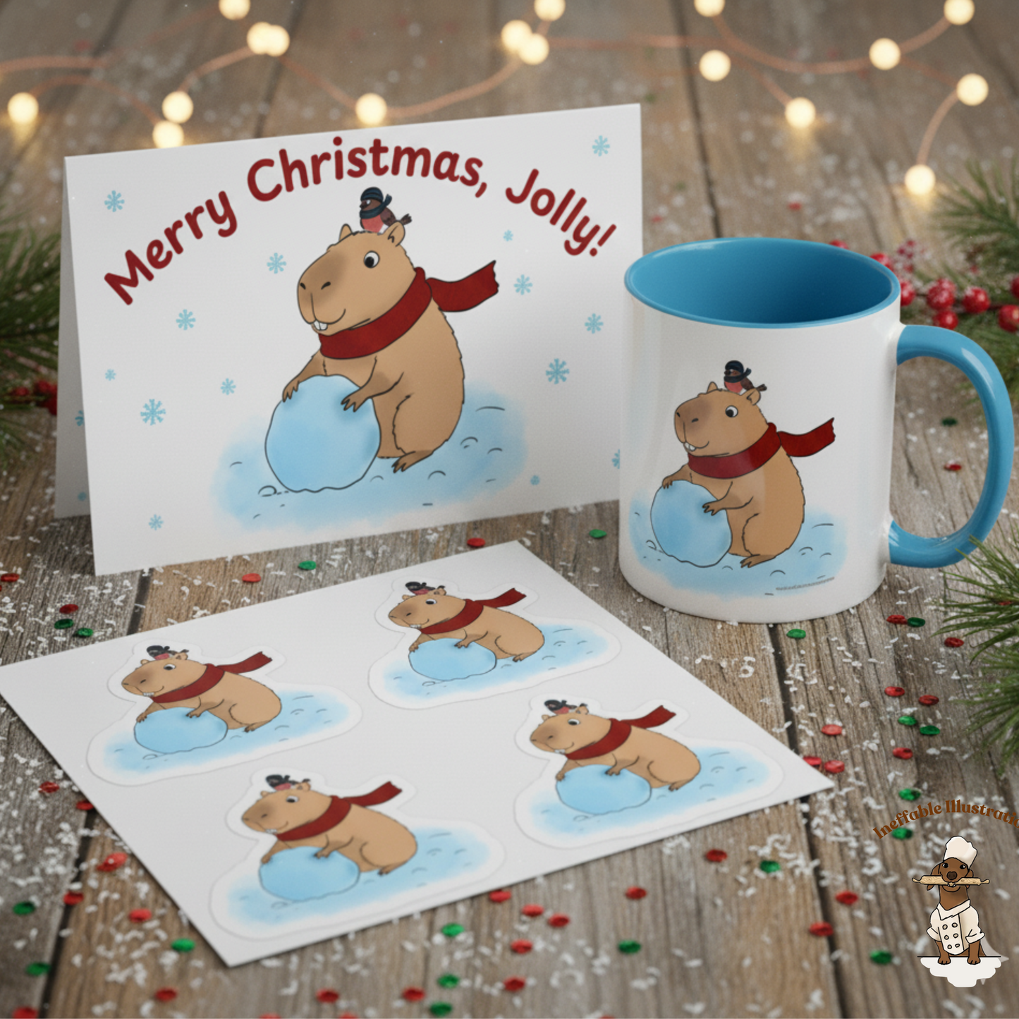 Personalized Capybara Christmas Gift Set - Jolly with Snowball Winter Bundle