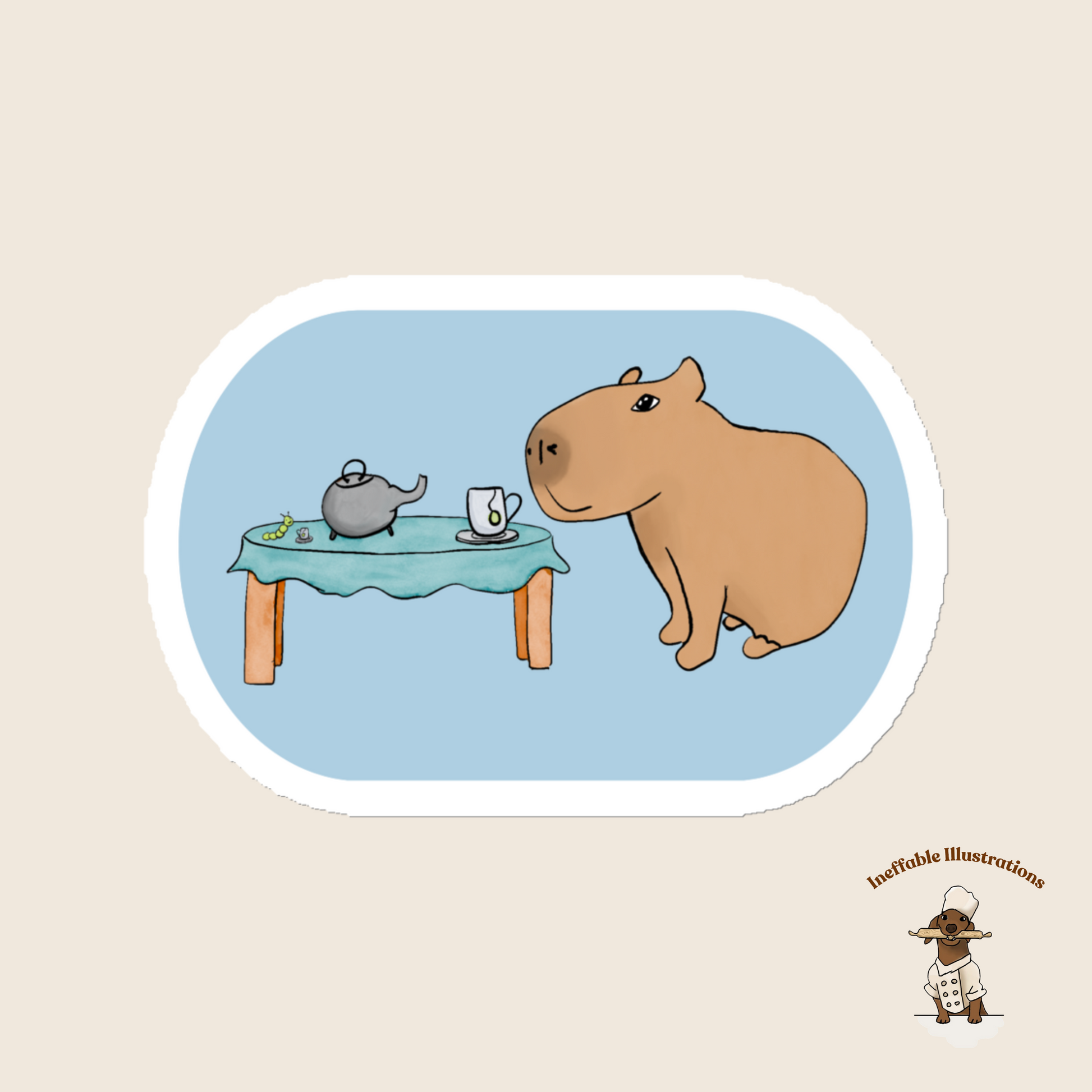 Magnet: Cute Capybara Jolly Drinking Tea with Caterpillar – Whimsical Animal Fridge Decoration Gift - Ineffable Illustrations
