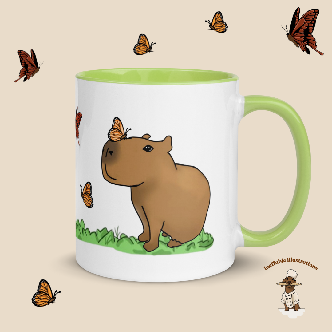 Mug "Jolly playing with butterflies". Hand-drawn Capybaras and Butterflies Ceramic Mug - Colorful and Charming!