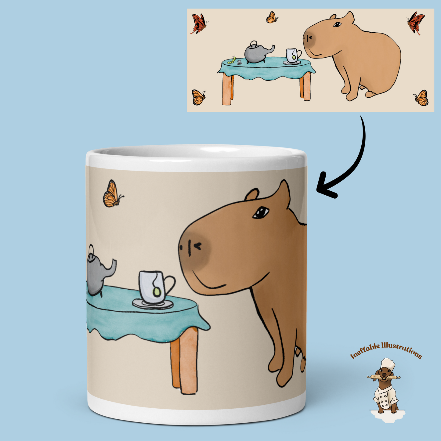 Capybara Mug - White Glossy Tea Cup with Jolly Capybara, Caterpillar & Butterflies, Cute Animal Coffee Mug, Gift for Animal Lovers