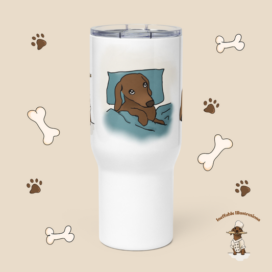 Mug "Oliver traveling with you". Dachshund Travel Mug with Handle: Cute dachshund Oliver Working on Computer, Cooking & Relaxing- Perfect Coffee Mug for any Activity! - Ineffable Illustrations
