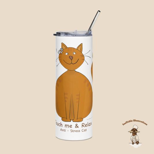 Funny Ginger Cat Stainless Steel Tumbler – Hand-Drawn Anti-Stress Cat, Reusable Travel Tumbler with Metal Straw - Ineffable Illustrations