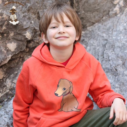 Kids Eco Hoodie with Cute Dachshund Oliver | Sustainable Fashion for Children | Adorable Animal Apparel | Drawn by Hand - Ineffable Illustrations