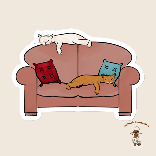 Cat Magnet Set: White & Ginger Cats (Ralph and Ginger) Sleeping Peacefully on Sofa, Lazy Life Decor, Cute Cat Lover Gift - Ineffable Illustrations