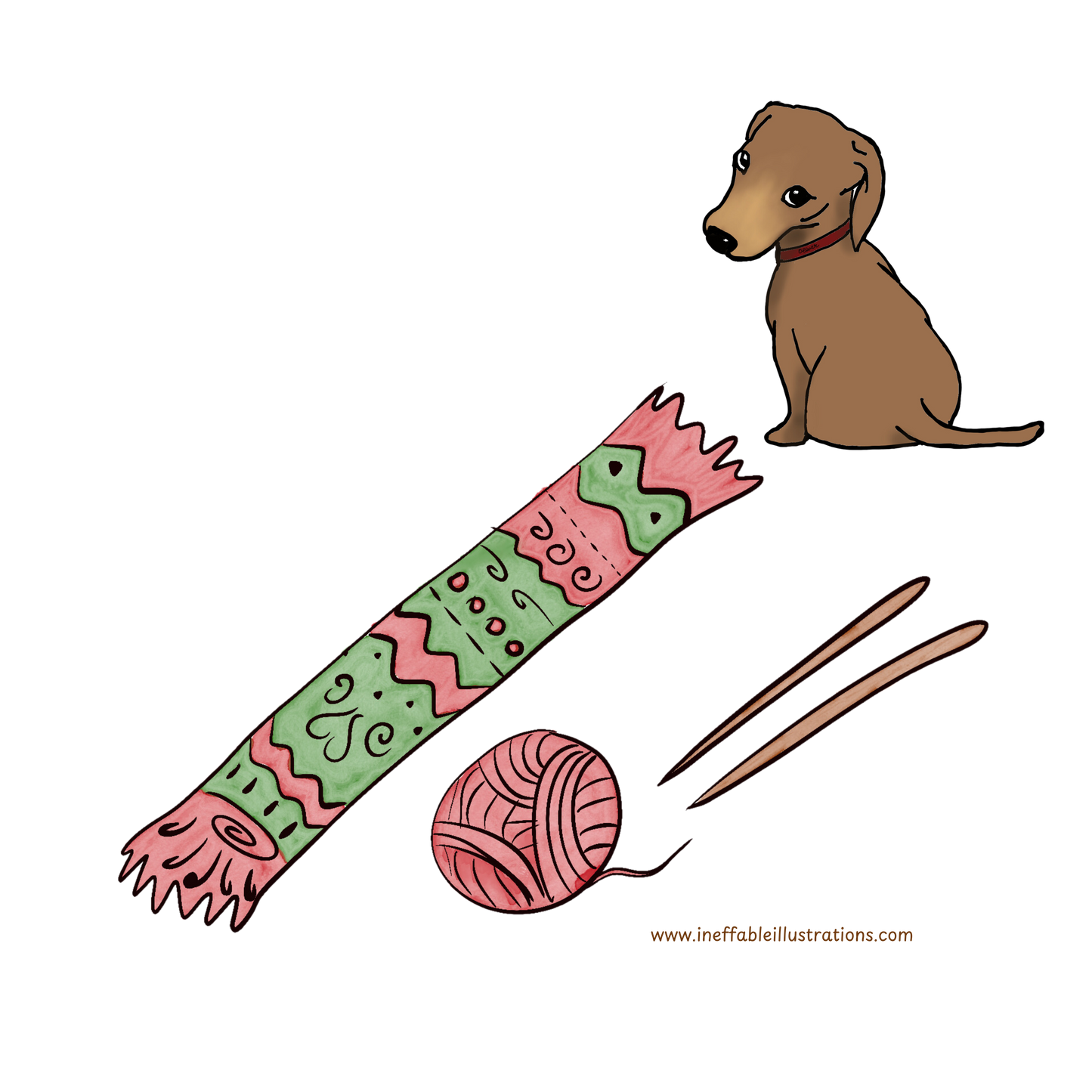 Eco Tote Bag with Cute Dachshund Oliver, Yarn, Knitting Needles and Knitted Scarf, Perfect for Dog Lovers & Crafters, Reusable Shopping Tote