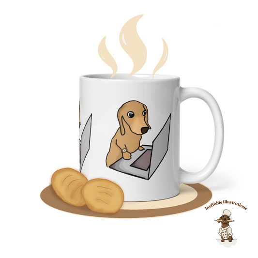 Mug "Dachshund Oliver working on computer". Cute sausage dog mug. White glossy mug.