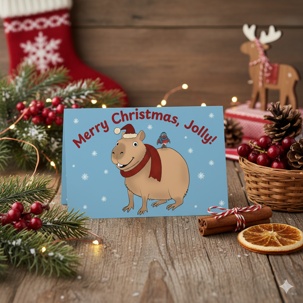 Personalized Christmas Greeting Card with Jolly the Capybara