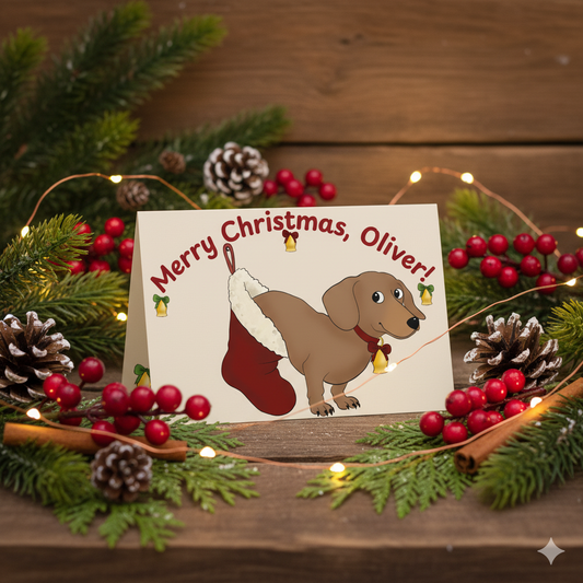 Personalizable Oliver Dachshund Christmas Greeting Card - Custom Name